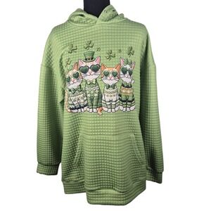 St Patricks Day Cat Hoodie Women XL Green Quilted Shamrock Graphic Pullover